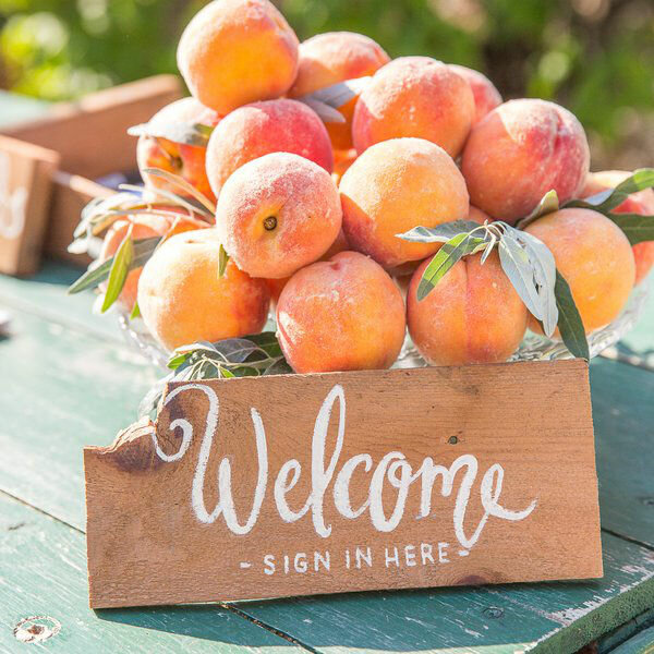 Welcome sign with peaches.